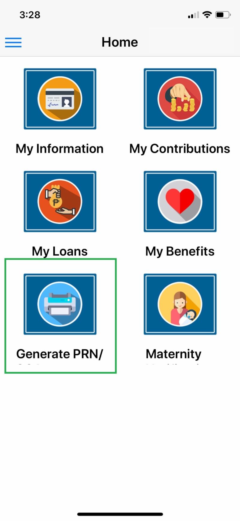 Create SSS PRN using the SSS Mobile App - Home Screen