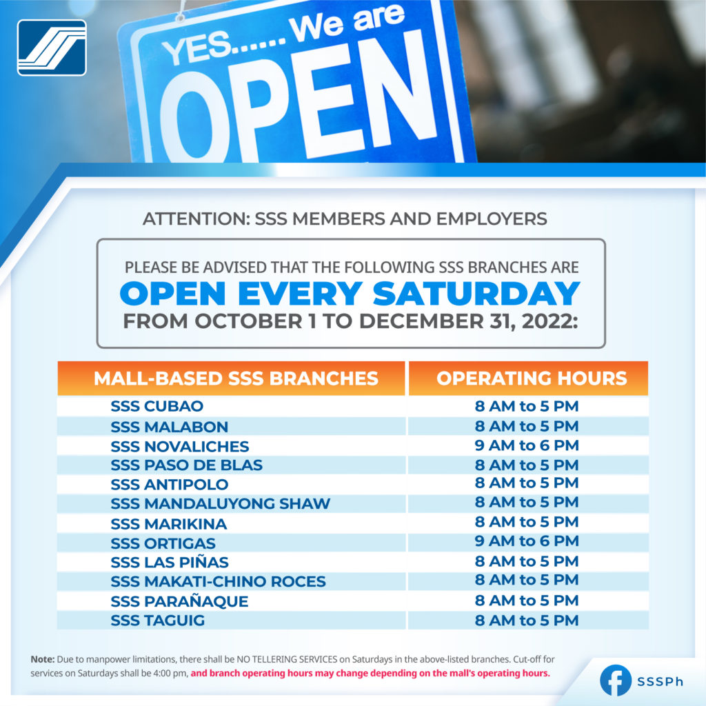MALL BASED SSS BRANCHES OPEN ON SATURDAYS